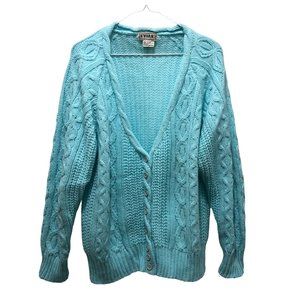 Vintage Grandma 90s Turquoise Cardigan Cable Knit Sweater V Neck Preppy Sz M